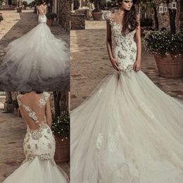 Elegant Mermaid Wedding Dresses Cap Sleeve Scoop Neck Lace Tulle Sweep Train Bridal Gowns Custom Size Plus Size Wedding Dress