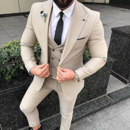Groom Tuxedos Beige Groomsman Wedding Peak Lapel Slim Fit 3 Piece Suit Fashion Men Business Prom Jacket Blazer(Jacket+Pants+Tie+Vest) 2287