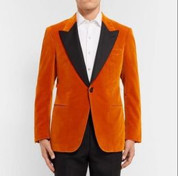 New Latest Design One Button Orange Velvet Wedding Groom Tuxedos Peak Lapel Groomsmen Men Suits Prom Blazer (Jacket+Pants+Tie) 116