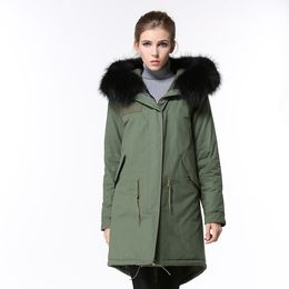 2019 women snow coats for sale black raccoon fur trim army green down fill lining army green canvas long parkas