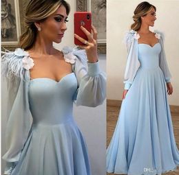 Cheap Sky Blue Mother Of The Bride Dresses Sweetheart Poet Long Sleeves Chiffon Flowers With Feather Evening Gowns Wear Wedding Guest Dress