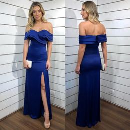 Royal Blue Side Split Bridesmaid Dresses Off The Shoulder Ruffled Country Maid Of Honour Gowns Floor Length Satin Sheath Wedding Guest Dress