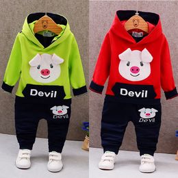 2019 America and Europe pop Spring style cotton round collar hoodies pig pattern suit with long sleeve and trousers for boys and girls