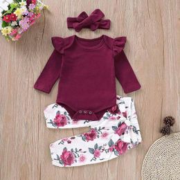 Toddler Baby Girls SET 3PCS Winter Long Sleeves Solide Romper Tops+Floral Pants+Headbands newborn clothes unisex infant clothing