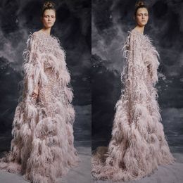 Modest Sheath Evening Prom Dress Long Sleeve Tulle Lace Feather Crystal Party Dresses Floor Length Jewel Neck robes de soirée