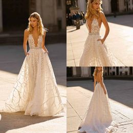 2020 Berta Beach Wedding Dresses Deep V Neck Lace Glitter A Line Sexy Backless Boho Wedding Gowns Sweep Train Bohemian Bridal Dress 4539