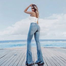 Wholesale-2019 Fashion Women High Waist Hole Jeans Button Tassel Pants Trousers Bell-bottom Pants high quality W513