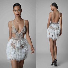 2019 Berta Feather Cocktail Dresses Sexy Backless Spaghetti Crystal Beads Prom Dress See Through Sexy Mini Evening Gowns vestidos de noiva