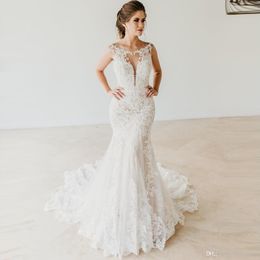 Beyaz yeni denizkızı kepçe yaka elbiseler vintage vestido de novia kolsuz dantel düğün gelin önlükleri artı beden gelin resmi elbise