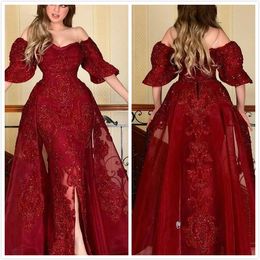 Aso Ebi 2020 Arabic Burgundy Luxurious Sexy Evening Dresses Lace Beaded Prom Dresses Sheath Formal Party Second Reception Gowns ZJ206