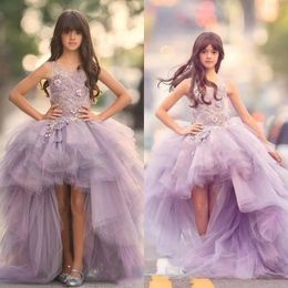 2020 High Low Flower Girls Dresses for Weddings Jewel Girls Pageant Dress for Teens Lace Appliqued Tiered Tulle Communion Gowns