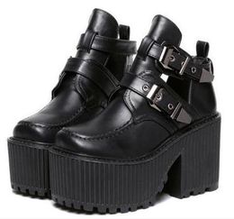 women chunky block high heel platform wedge heel shoes harajuku gothic cut out ankle boots Botas Femininas creepers biker shoes size 35-39