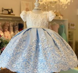 Fashion Pearls Lace Little Girls Pageant Dresses Appliqued Ball Gown Flower Girl Dress For Wedding Jewel Neck First Communion Gowns