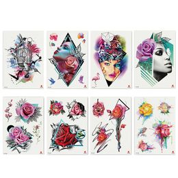 1pc Cage Creative Tattoo Oiseaux Visage Rose Autocollants Imperméables Tatouage Temporaire Pour Les Hommes Femmes Full Body Art Bras Semi Bras