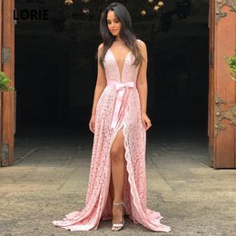 2020 sexy Pink Lace Evening Dresses Deep V-neck Sleeveless Formal Prom Gowns with high side Slit ruched applique Custom made Plus Size