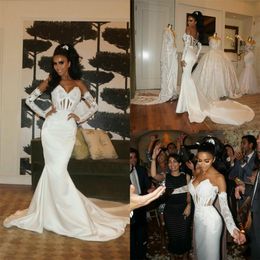 Sweetheart Lace Mermaid Wedding Dresses with Removable Long Sleeve Sweep Train Bridal Gowns Lace Up vestidos de novia