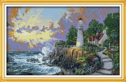 The beacon light tower seaside home decor painting ,Handmade Cross Stitch Embroidery Needlework sets counted print on canvas DMC 14CT /11CT