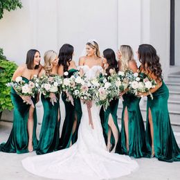 Green Velvet Long Bridesmaid Dresses Sweetheart Maid Of Honour Gowns High Thigh Slit Formal Wedding Guest Dresses Customise Evening Dresses