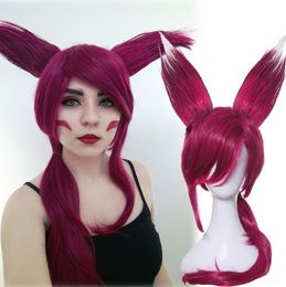 Game LOL Xayah The Rebel Red Long Wig Ear Cosplay League of Legends Hairpieces