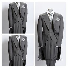 Wedding Tuxedos Dim Grey Trim 3Pcs Men's Suits With Tail Coat Slim Fit British Plaid Custom Tuxedos Jacket Pants Vest