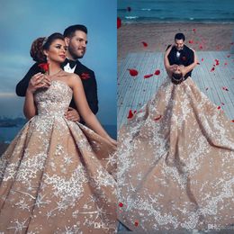 Romantic Champagne Wedding Dresses Strapless Backless Lace Bridal Gowns With Cathedral Train Dubai Plus Size Country Wedding Dress Custom