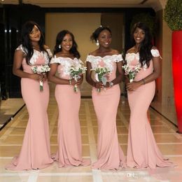 Nigerian African Pink Mermaid Bridesmaid Dresses White Appliques Off Shoulder Sleeveless Floor Length Maid of Honor Gowns Robe De Mariee