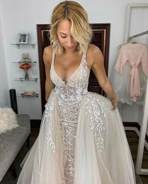 2020 Sexy Country Berta Appliqued V-Neck Backless Wedding Dresses With Detachable Train backless wedding dress bridal gowns vestid277H