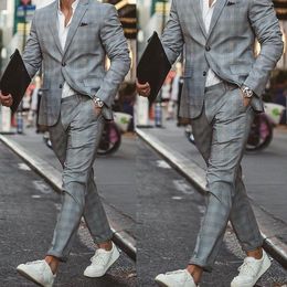 2019 Gray Damier Check Mens Wedding Tuxedos Slim Fit Two Button Groom Pants Suits 2 Pieces Formal Best Men Business Blazer