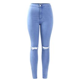 Fashion-Women`s High Waist Stretch Ripped Knees Distressed Skinny Denim Vintage Jean Pants Elastic Jeans Woman