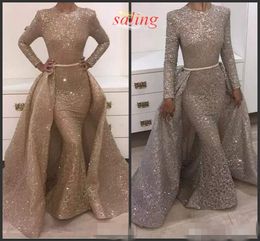 Gold Sequins Sparkly Mermaid Prom Dresses with Detachable Train Long Sleeves Newest Evening Gown Formal Ocn Wear