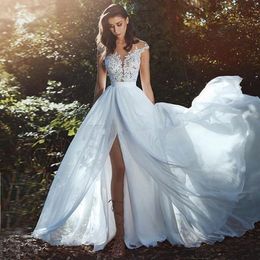 New Gorgeous Beach Wedding Dresses Sheer Neck Cap Sleeves Appliques Lace Chiffon Side Split Illusion Back Boho Wedding Gowns Bridal Dresses