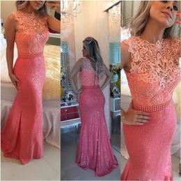 Coral Mermaid Elegant Dresses Applique Sequined Pearls Beads Tulle Floor Length Formal Evening Gowns Party Dress Robe