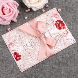 2020 Elegant Customise Rose Pattern Light Pink Laser Cut Invitation Cards With Ribbons For Wedding Bridal Shower Engagement Birthday Party