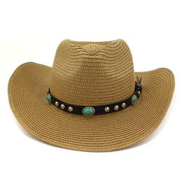 Fashionable Summer Beach Hat Cowboy Paper Straw Hats for Men Women Wide Brim Panama Style Sun Visor Cap with Belt Decor