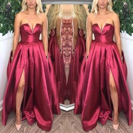 A Line Burgundy Prom Dresses Sleeveless Strapless Ruched Satin Evening Gowns Long Formal Gowns Dresses