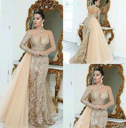 Saudi Arabic Champagne Evening Dresses With Overskirts Long Sleeve Lace Prom Dress Sweep Train Zuhair Murad Formal Party Gowns
