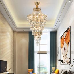 Modern Gold Crystal Chandeliers Lights Fixture LED Crystal Chandelier American Villa Stair Spiral Big Long Drop Lamp Home Indoor Lighting