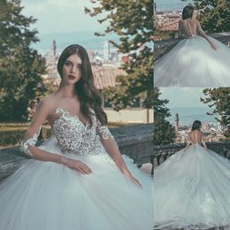 Sexy Bohemian Corona Borealis Ball Gown Wedding Dresses Long Sleeve Tulle Lace Applique Crystal Wedding Gowns Sweep Train robe de mariée
