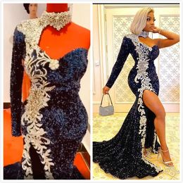 arabic aso ebi navy blue sexy evening dresses lace beaded mermaid prom dresses high split formal party second reception gowns zj332
