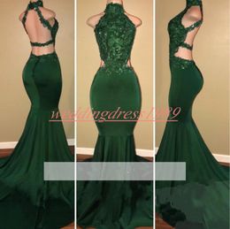 Beautiful Green High Neck African Mermaid Prom Dresses Backless Applique Lace Arabia Plus Size Party Formal Gowns Vestido de fiesta Evening