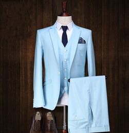 Real Photo Baby Blue Groom Tuxedos Slim Fits Man Work Suit Wedding Prom Dress Blazer Party Business Suits (Jacket+Pants+Vest+Tie) J730