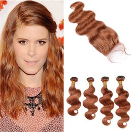 Medium Auburn Virgin Hair Closure with Bundles #30 Light Brown Peruvian Body Wave Human Hair Weaves Extensions with Lace Closure 4x4"