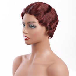 Ishow Short Wig 2# 99j Brazilian Curly Finger Wave Virgin Human Hair Wigs for Women 8inch Swiss Lace Peruvian Brown Natural Colour Honey Blonde