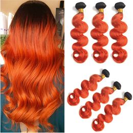 #1B/350 Orange Ombre Body Wave Hair Bundles Brazilian Human Hair Weaves Ombre Orange Wavy Human Hair Wefts Black Roots 10-30" Mixed Length