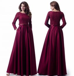 -Longa escura elegante Red Two Pieces Vestidos modesto, com mangas compridas Lace Top de cetim saia com bolsos vestidos de festa de casamento