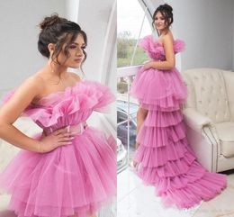 New Arrival Sexy Pink High Low Puffy Prom Dresses With Sash Ruched Strapless Tiered Tulle Formal Dress Party Dress Evening Gowns ogstuff