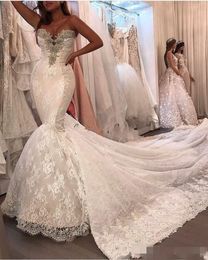 Dresses Mermaid Sweetheart Lace Up Back Applique Crystal Beaded Cathedral Train Custom Made Wedding Bridal Gown