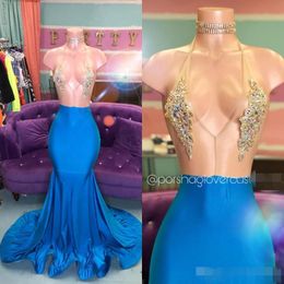 2020 Blue Illusion Bodice Prom Dresses Mermaid Halter Luxury Beaded Crystals Custom Made Plus Size Evening Party Gowns Formal Occasion Wear