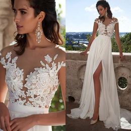 Vestidos De Novia White Chiffon Beach Wedding Dresses Lace Cap Sleeves Hollow Back Bridal Gowns Sweep Train Beach Bridal Dress