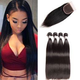 Peruvian Unprocessed Human Hair Extensions 4 Bundles With 4X4 Lace Closure Silky Straight Virgin Hair Wefts With Closure Middle Three Free